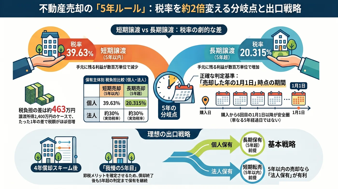 不動産売却の「5年ルール」の全体像。5年以内に売る短期譲渡は税率39.63%、5年超の長期譲渡は20.315%で、譲渡所得2,400万円のケースでは税負担の差は約463万円。所有期間は売却した年の1月1日時点で判定し、購入から6回目の1月1日以降が安全圏。出口戦略は、長期保有（5年超）前提なら個人保有、5年以内に売る可能性があるなら法人保有が基本。